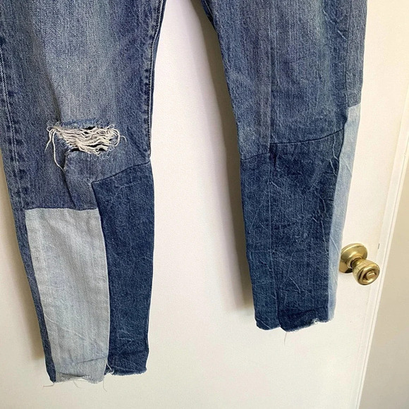 Levi's 501 Color-block Patchwork Ragged Lands Raw Hem Slim Straight Jeans - Picture 6 of 9